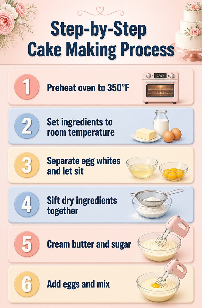 Perfect Cake Recipe: Moist, Fluffy Vanilla Cake 3 Instructions for preparing a vanilla cake, including preheating the oven.