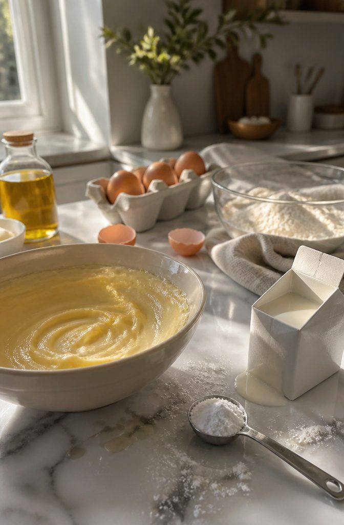 Perfect Cake Recipe: Moist, Fluffy Vanilla Cake 4 A bowl of creamed butter and oil with an open carton of buttermilk.