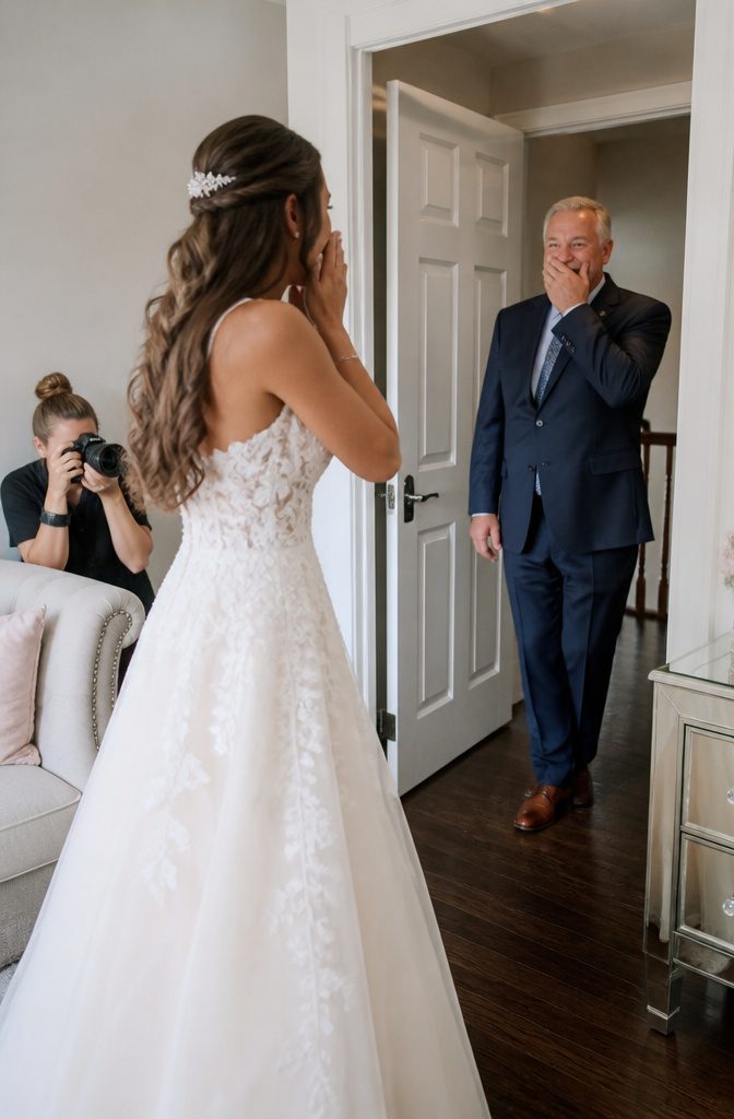 Perfect Wedding Photos: 8 Preparation Ideas for 2026 8 Bride joyfully turning towards her father during the reveal.