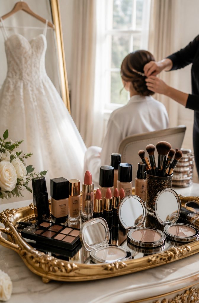 Perfect Wedding Photos: 8 Preparation Ideas for 2026 4 Makeup and hair products displayed for a wedding trial.