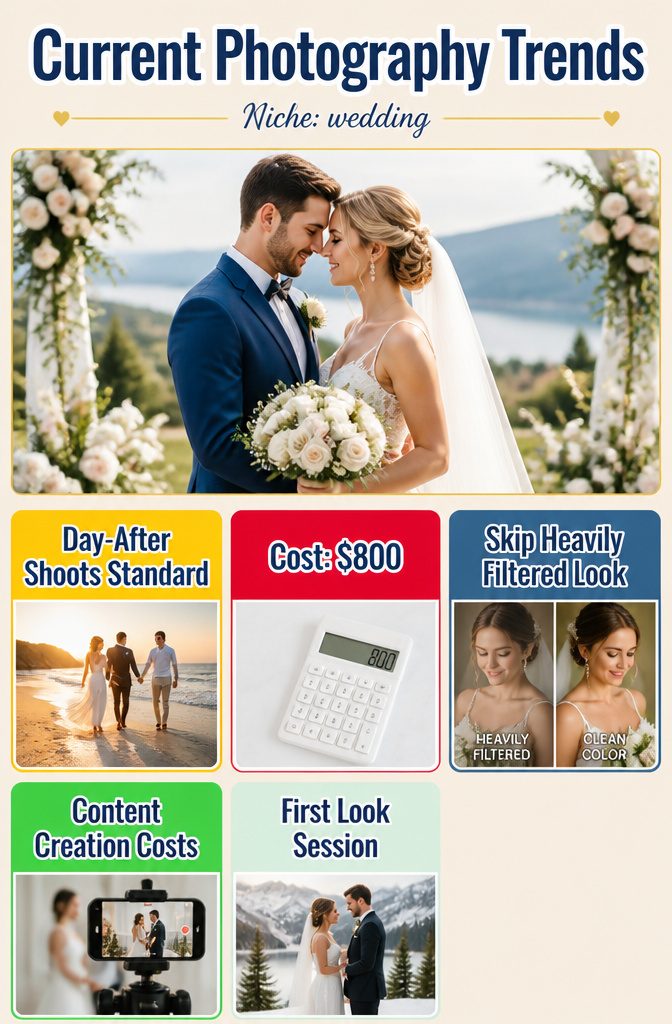 Perfect Wedding Photos: 8 Preparation Ideas for 2026 11 Infographic showing current trends in wedding photography.