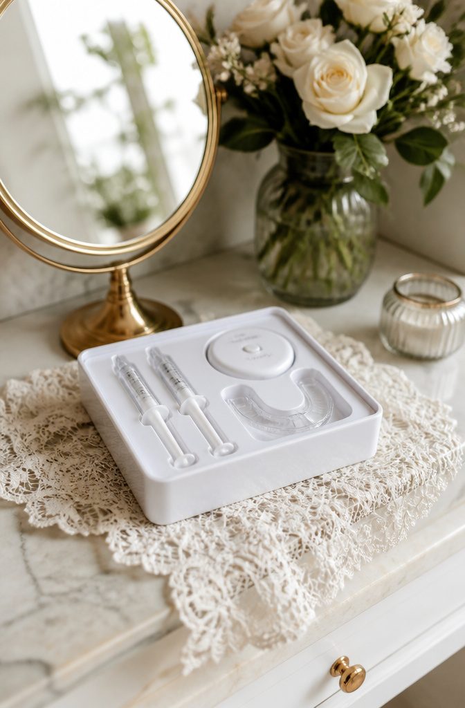 Perfect Wedding Photos: 8 Preparation Ideas for 2026 2 Teeth whitening kit with gel tubes and trays on a vanity.