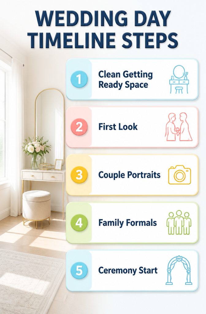 Perfect Wedding Photos: 8 Preparation Ideas for 2026 10 Infographic detailing the wedding day timeline steps.