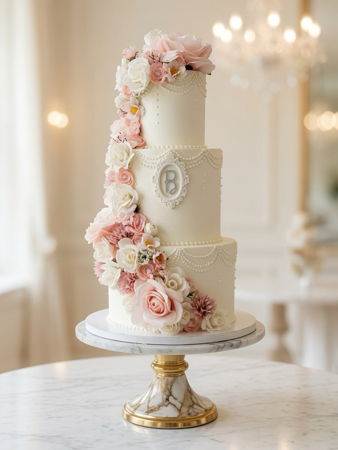 Quince Cake Ideas: 18 Designs From Florals to Butterflies 10 Three-tier white cake with cascading pink roses and white edible pearl decorations.