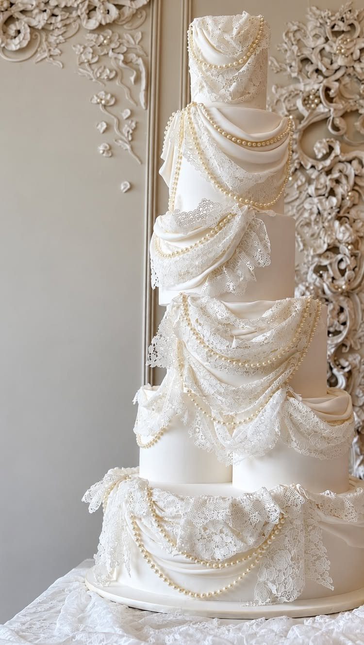 Quince Cake Ideas: 18 Designs From Florals to Butterflies 5 Multi-tiered white cake adorned with draped edible lace and strings of white pearls.