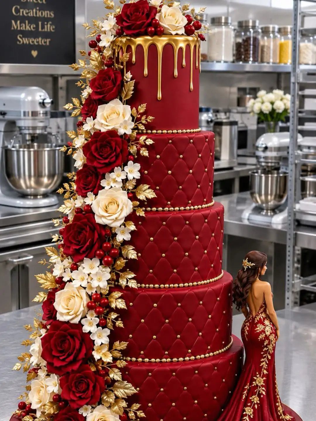 Quince Cake Ideas: 18 Designs From Florals to Butterflies 18 Five-tier red quilted cake with gold drip and cascading red and white roses.