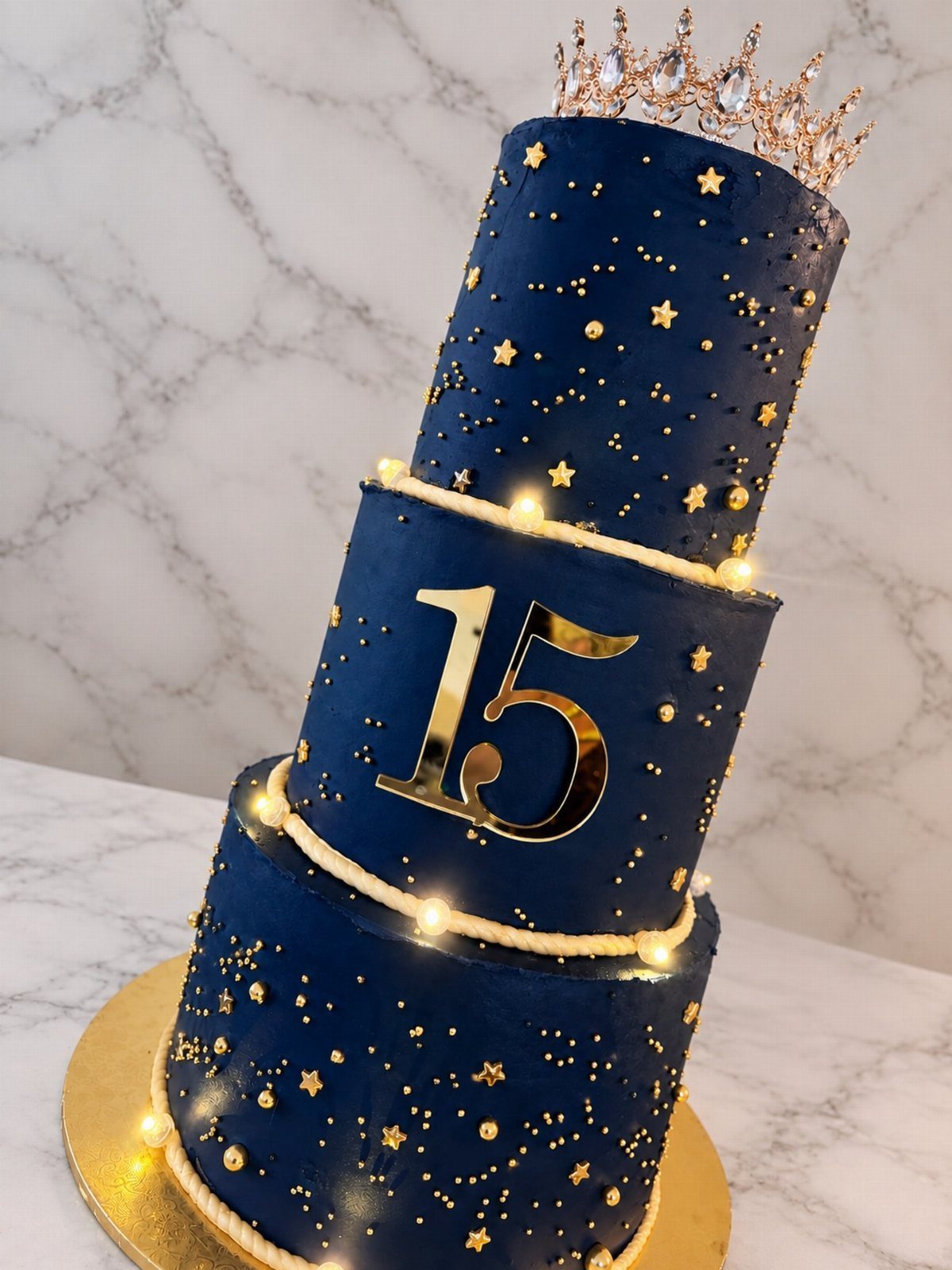 Quince Cake Ideas: 18 Designs From Florals to Butterflies 15 Three-tiered navy blue cake with gold stars, number 15, and a gold tiara crown.