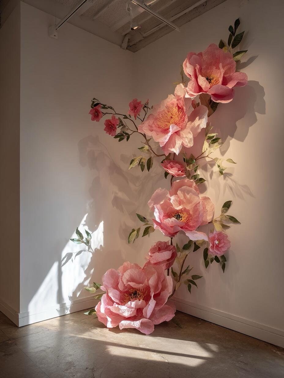 Oversized pink paper flowers with green leaves decorating a white corner wall.
