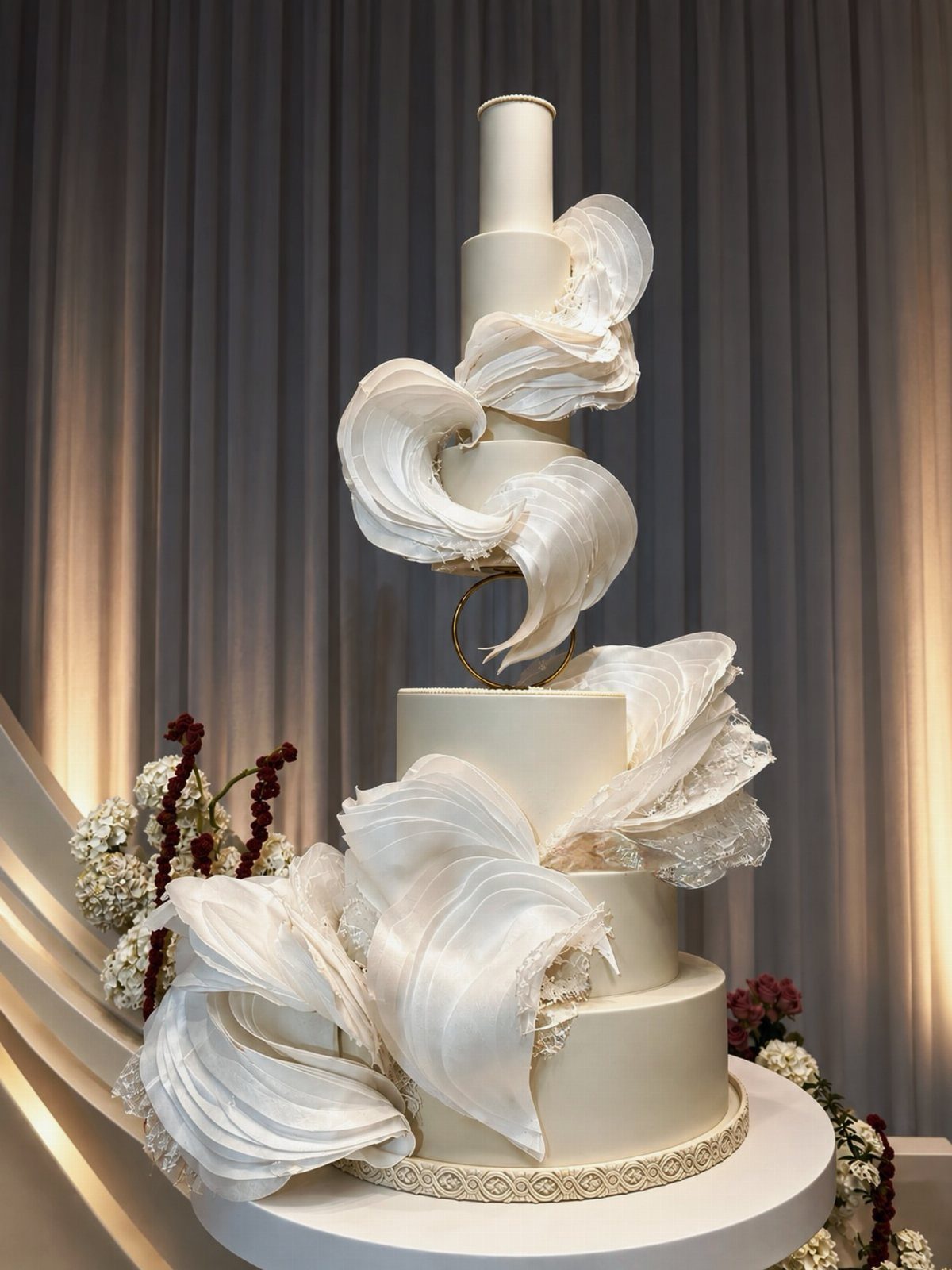 38 Romantic Wedding Cake Ideas for Your Celebration 13 Tall white wedding cake with dramatic architectural swirls and lace details on a pedestal.