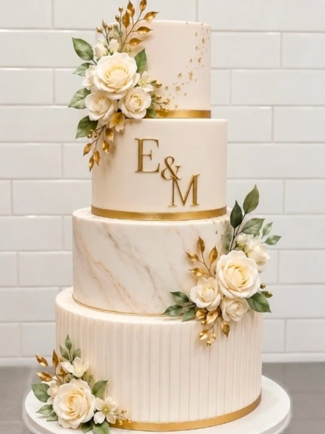 38 Romantic Wedding Cake Ideas for Your Celebration 33 Four-tier white wedding cake with a marble pattern tier, gold accents, and white roses.