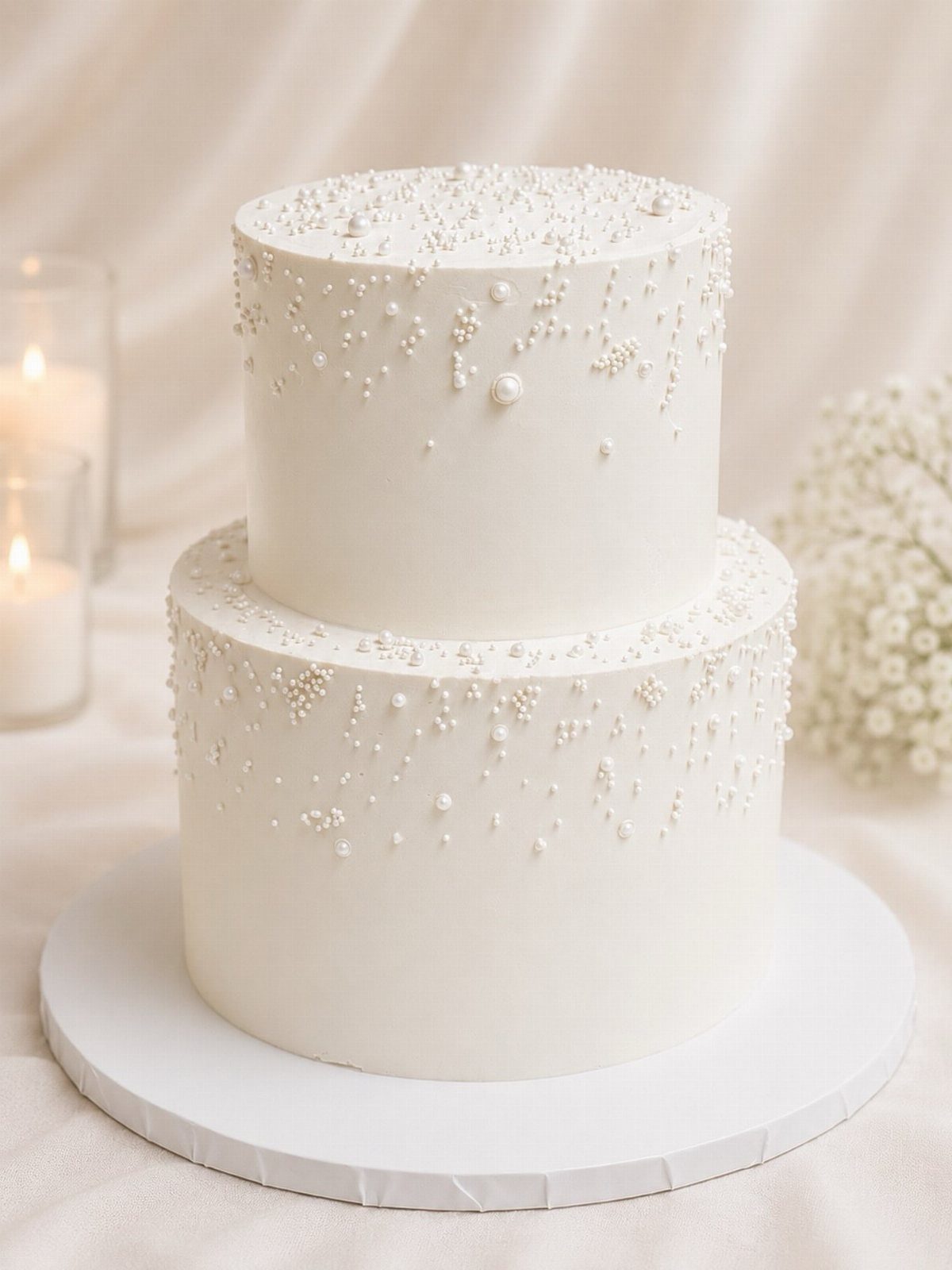 38 Romantic Wedding Cake Ideas for Your Celebration 10 Two-tier white wedding cake embellished with clusters of small white edible pearls.