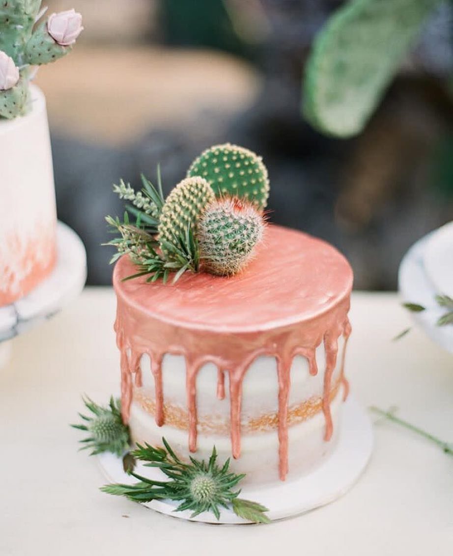 38 Romantic Wedding Cake Ideas for Your Celebration 15 Single-tier white cake with shimmering rose-gold metallic drip and cactus toppers.
