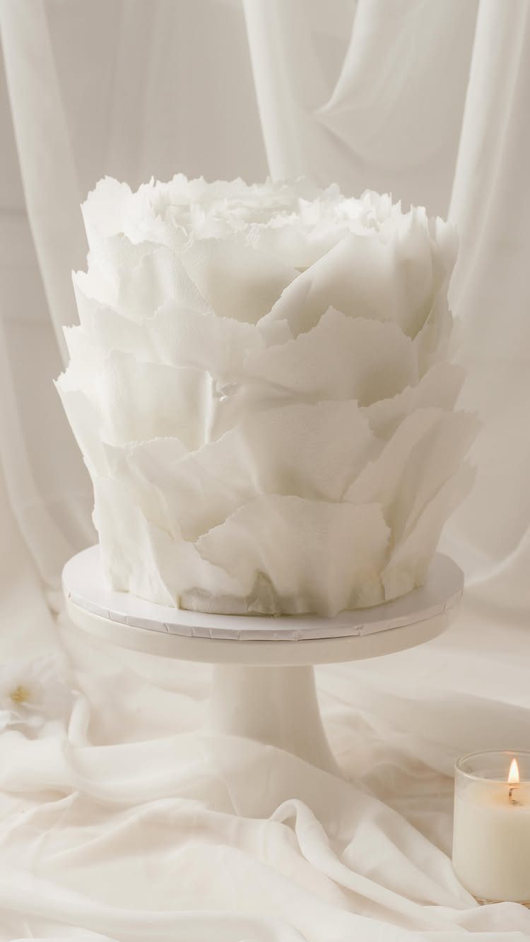 38 Romantic Wedding Cake Ideas for Your Celebration 9 White single-tier cake with large frosting ruffles on a white pedestal stand.