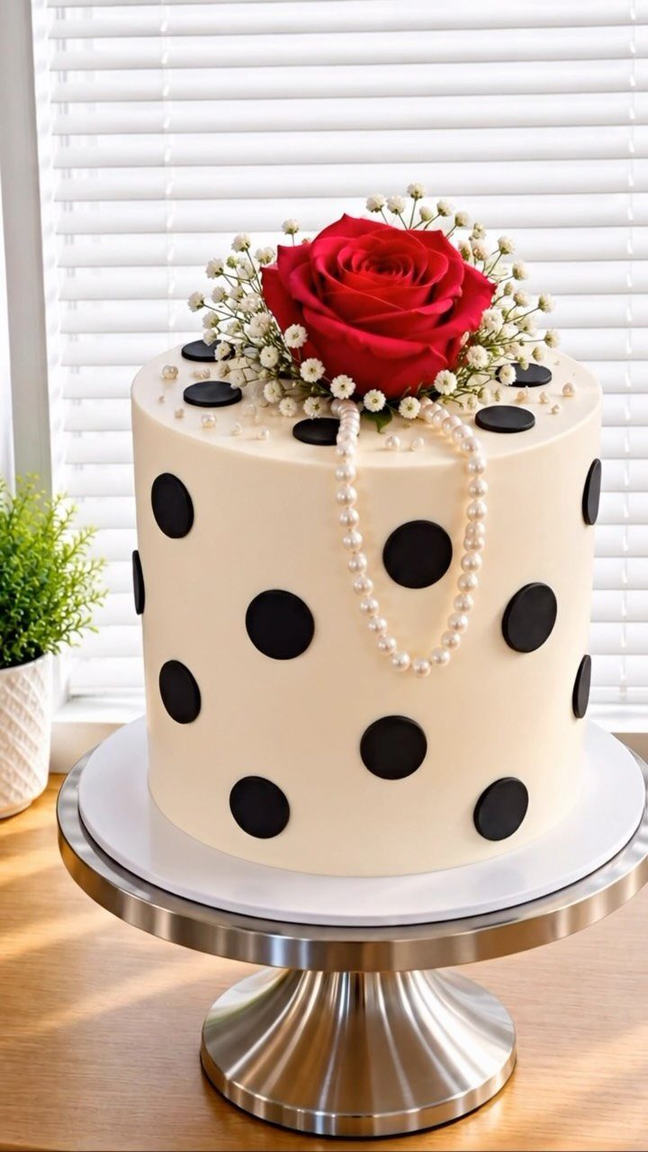 38 Romantic Wedding Cake Ideas for Your Celebration 14 Cream cake with black polka dots, a pearl string, and a red rose topper.