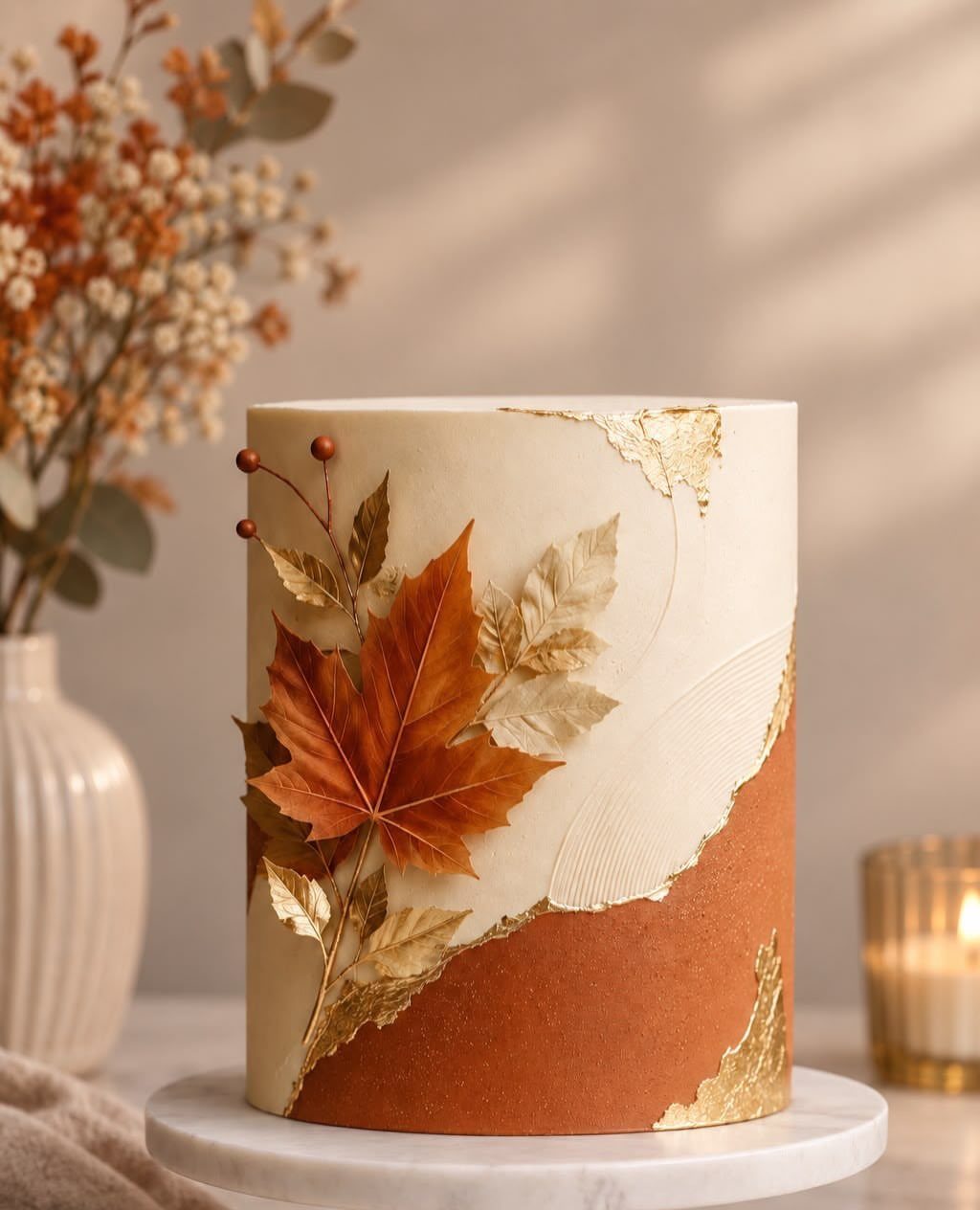 38 Romantic Wedding Cake Ideas for Your Celebration 36 Terracotta and cream cake decorated with gold leaf and autumn maple leaves.