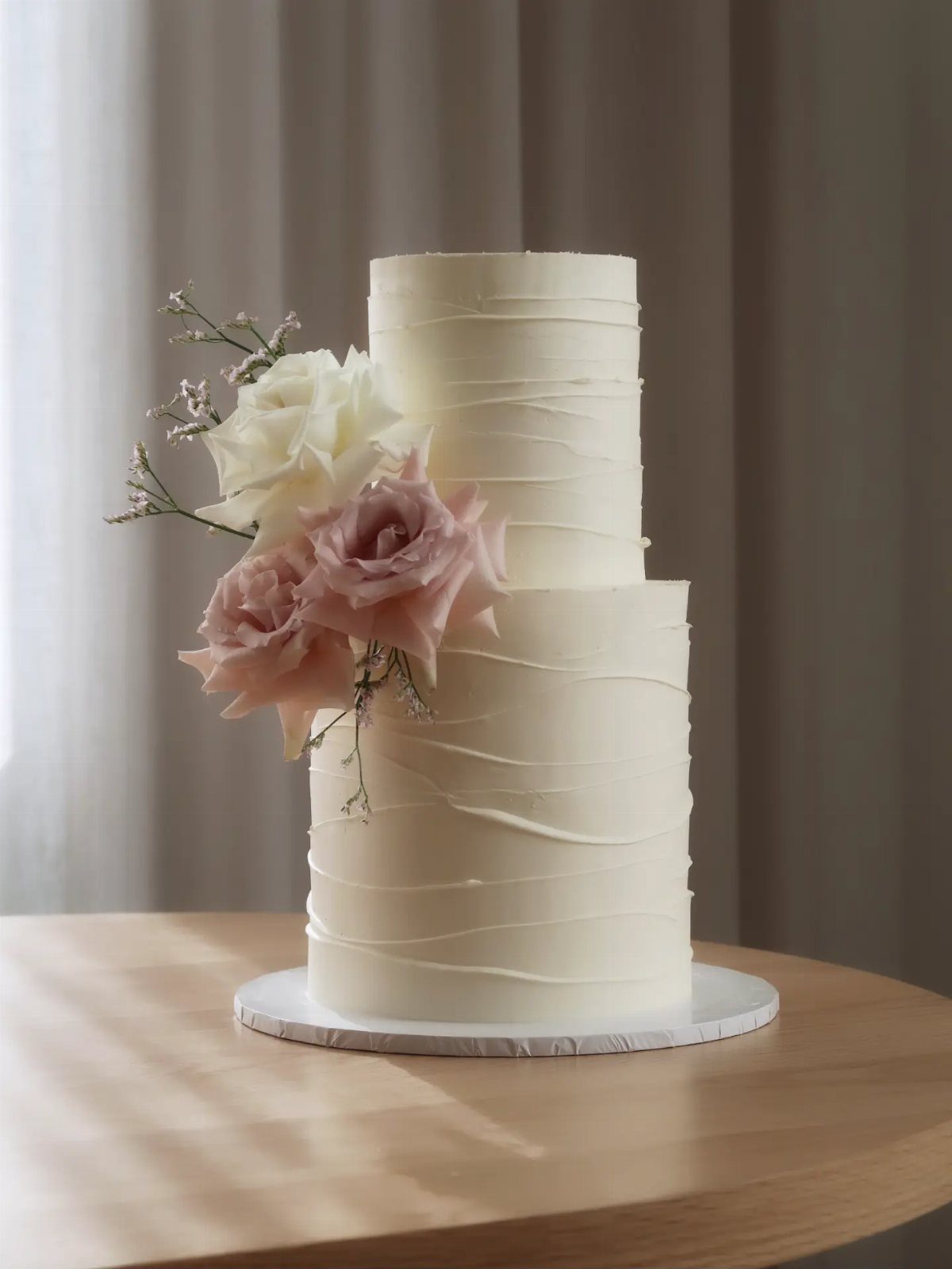 38 Romantic Wedding Cake Ideas for Your Celebration 26 Two-tier white cake with textured buttercream swirls and pink and white roses.