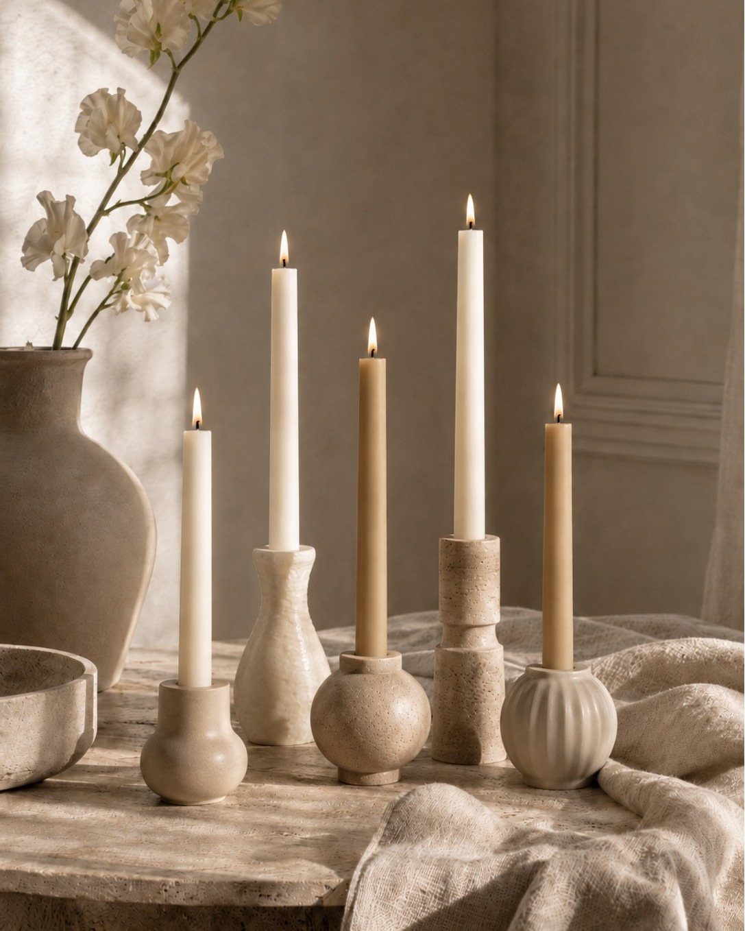 13 Round Table Wedding Decor Ideas: From S-Curved Layouts to Draped Florals 8 Lit taper candles in minimalist ceramic holders arranged on a stone tabletop with white flowers.