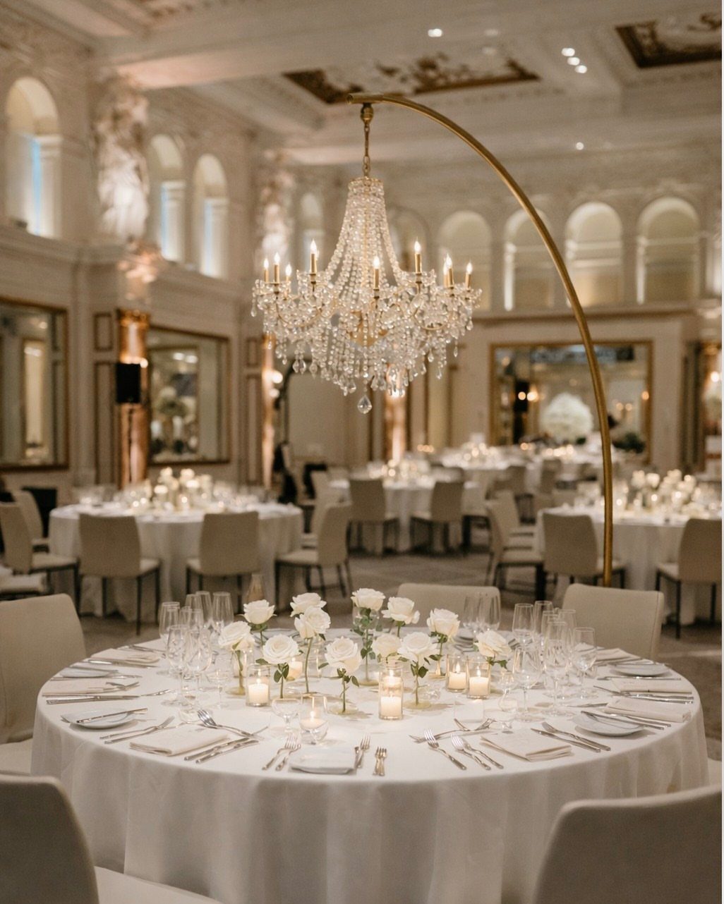 13 Round Table Wedding Decor Ideas: From S-Curved Layouts to Draped Florals 7 Crystal chandelier on a gold stand hanging over a decorated round wedding table.