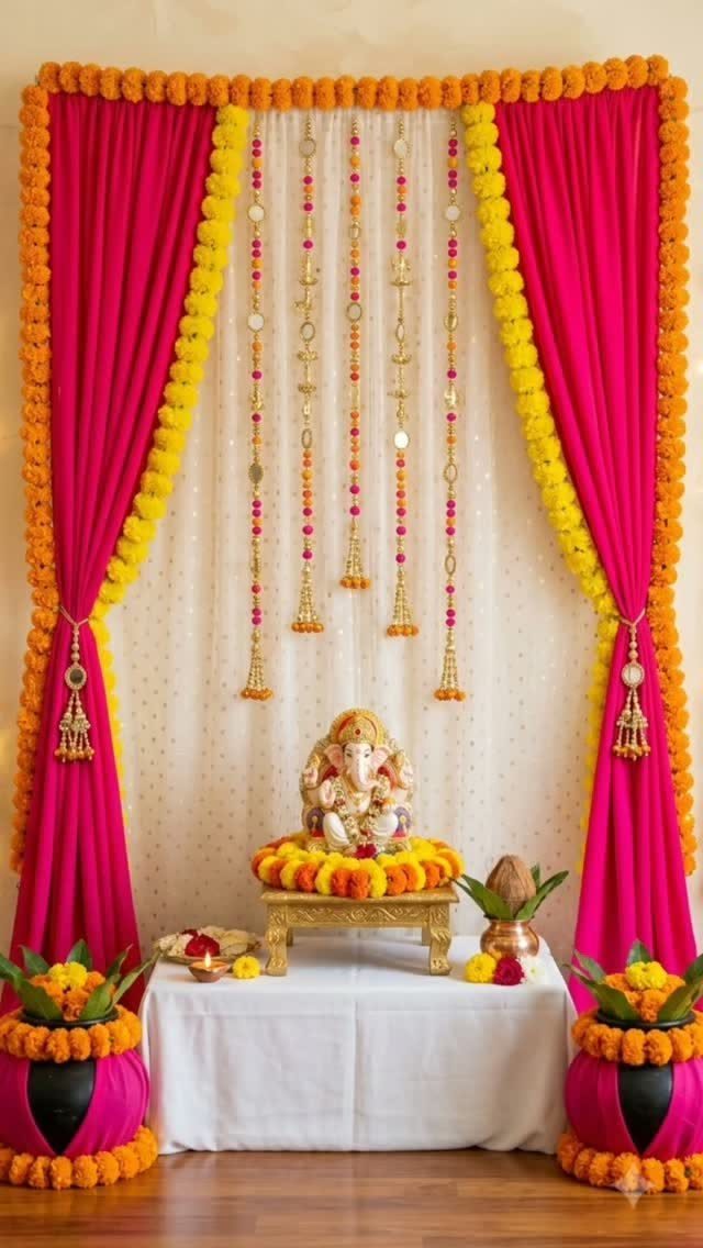 Lord Ganesha idol with pink saree curtains and yellow marigold flower decorations