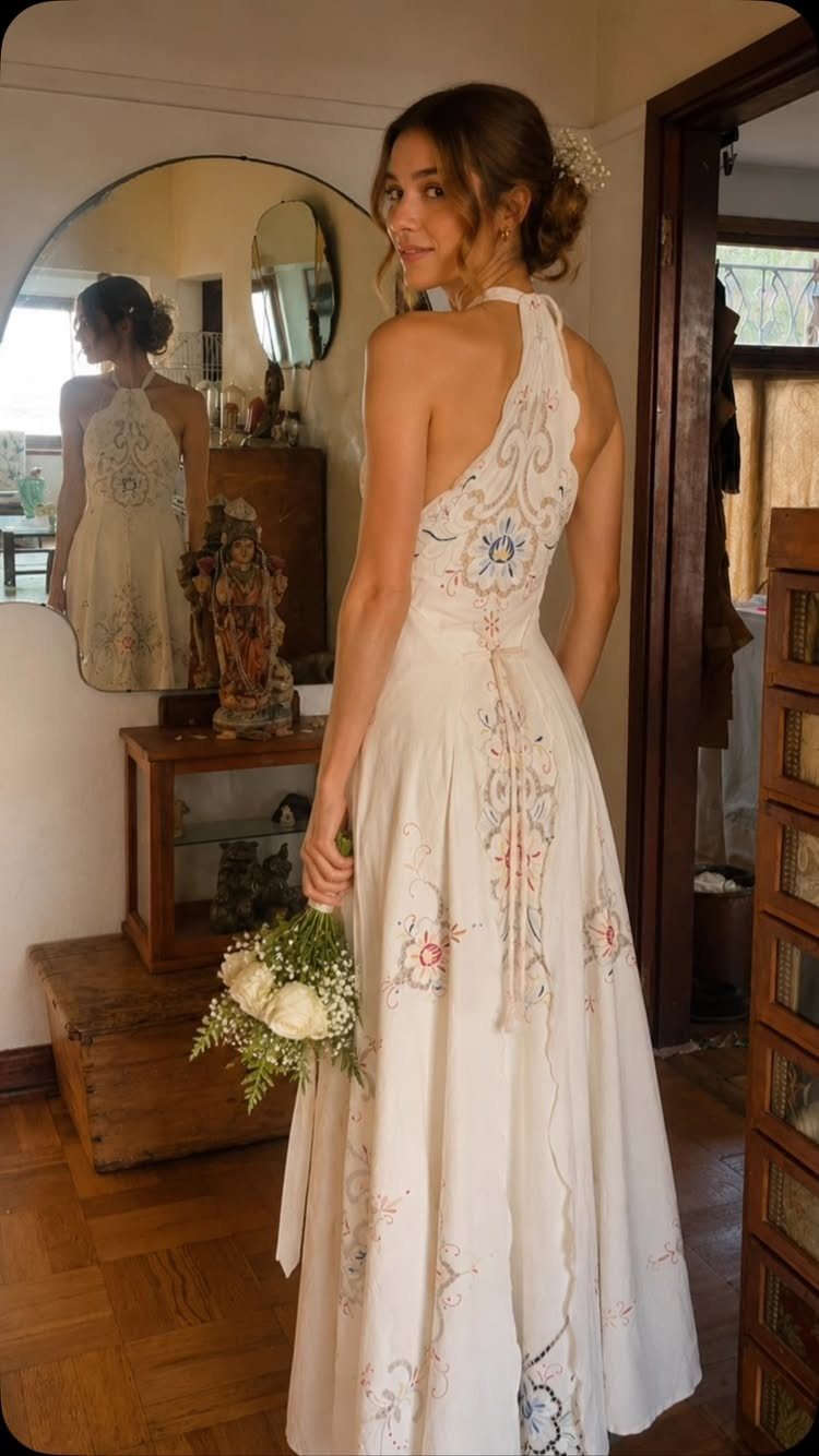 Woman in a white backless boho gown with floral embroidery holding a bouquet