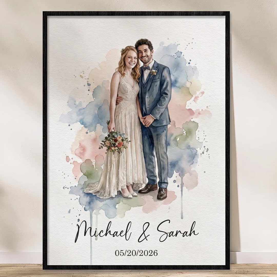 Sister Wedding Gift Ideas: 34 Picks She'll Treasure 21 Watercolor painting of a wedding couple in a black frame with names and date.