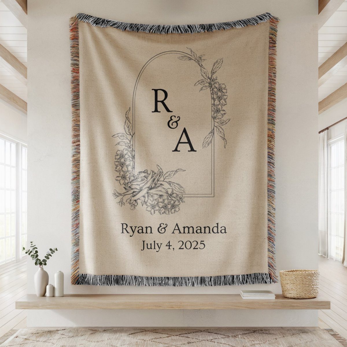 Sister Wedding Gift Ideas: 34 Picks She'll Treasure 3 Beige personalized wedding blanket with names, date, and floral arch design hanging on wall
