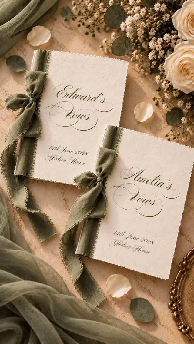 Sister Wedding Gift Ideas: 34 Picks She'll Treasure 16 Two white vow books tied with sage green ribbons and surrounded by white roses.