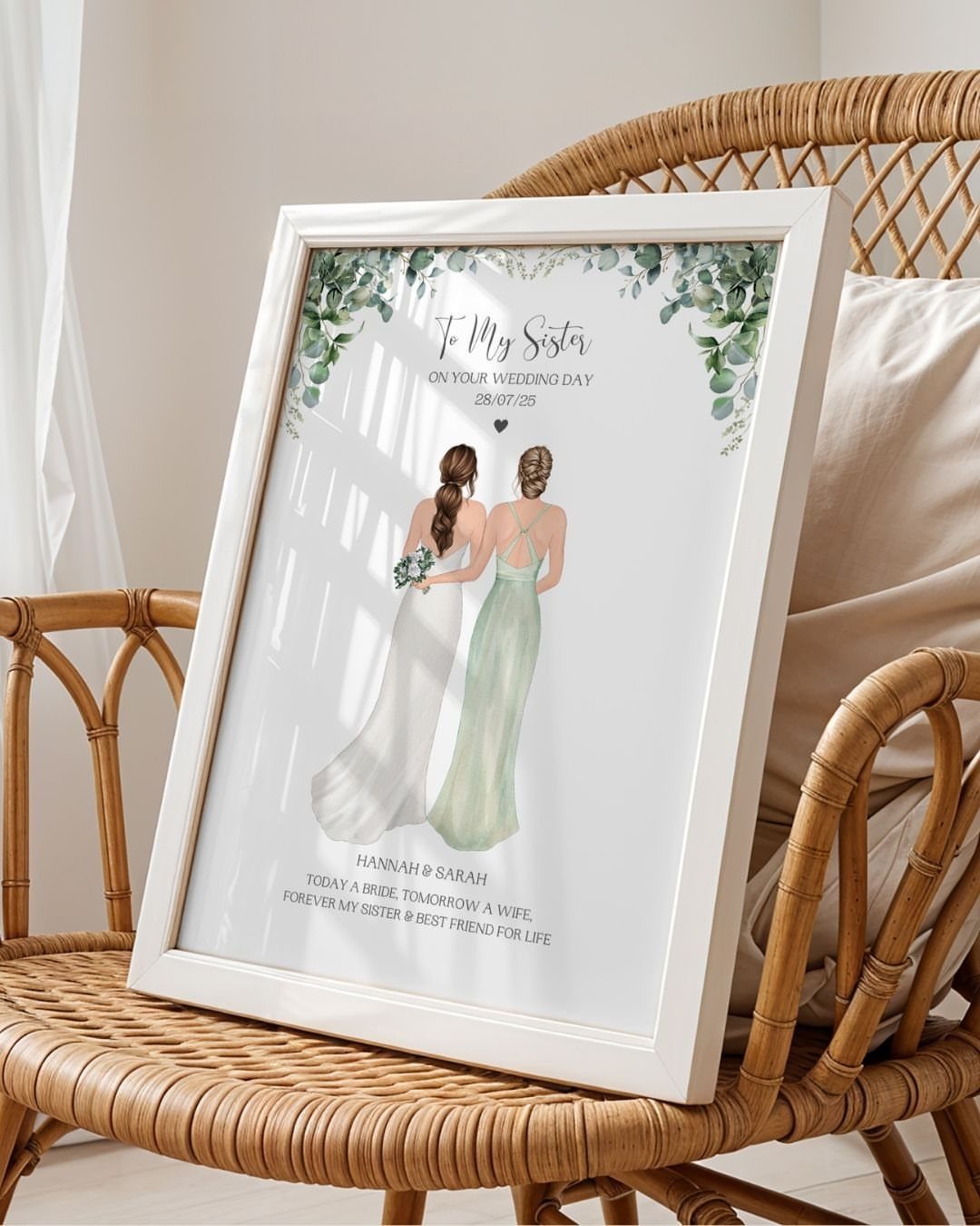 Sister Wedding Gift Ideas: 34 Picks She'll Treasure 6 Framed illustration of a bride and bridesmaid with a heartfelt message to a sister.