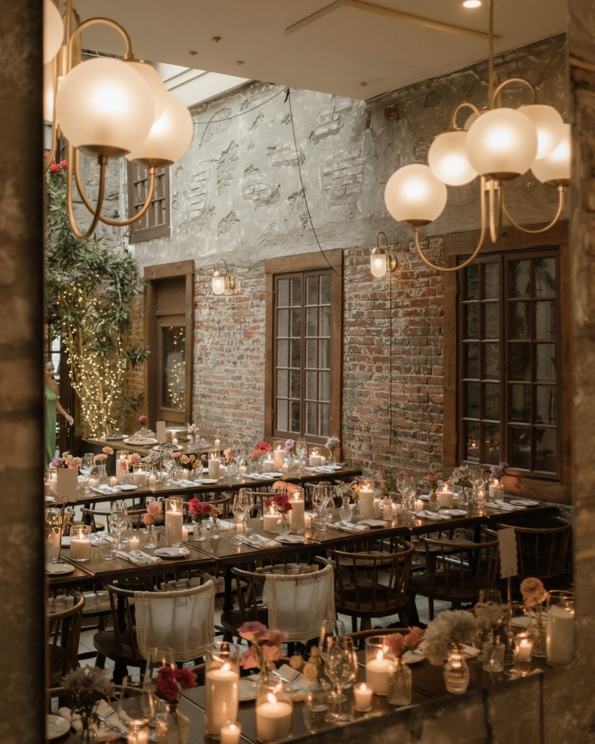 Long dining table with candles and flowers in a rustic brick restaurant setting