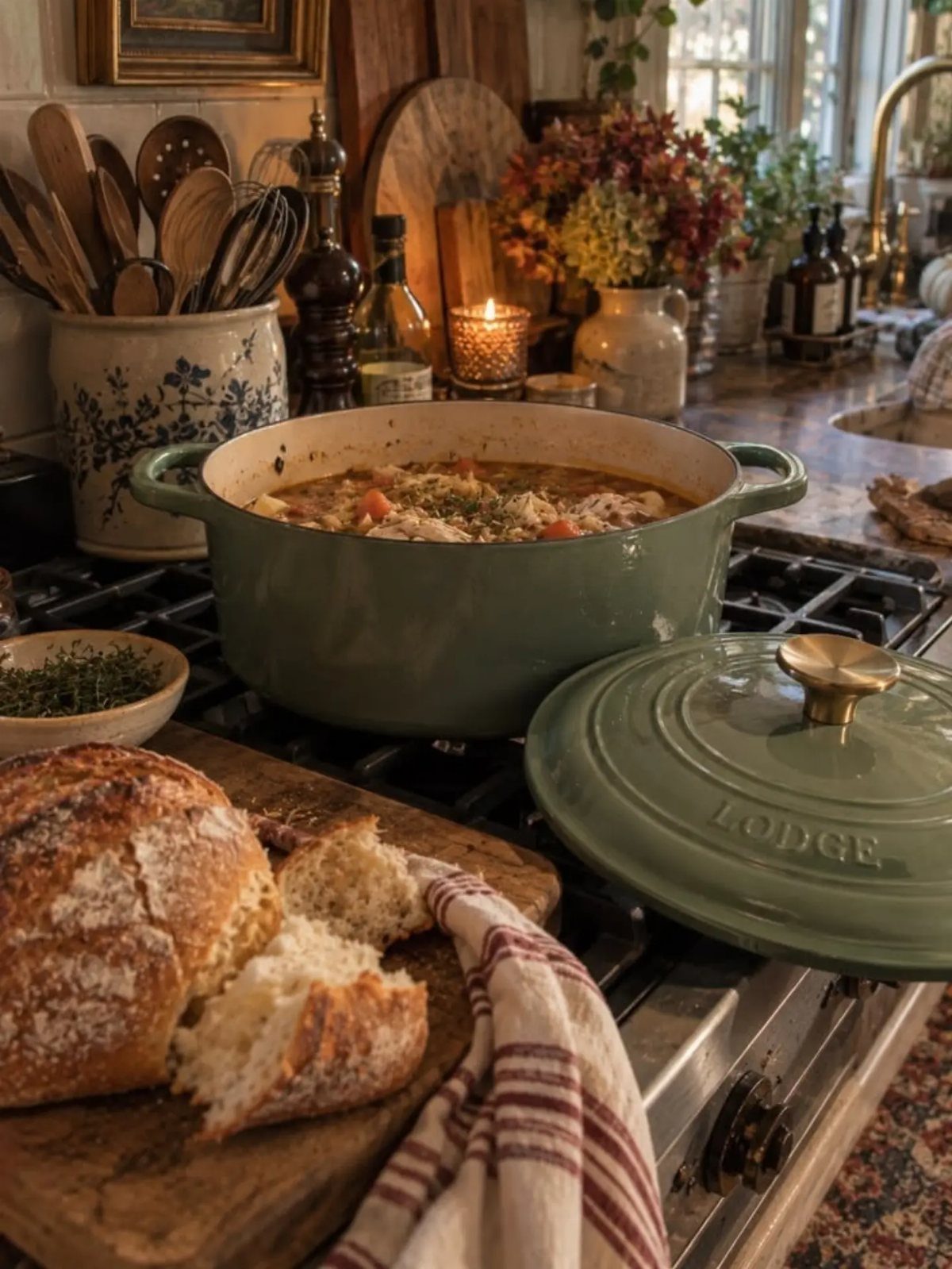 20 Small Wedding Gift Ideas for Couples Who Have Everything 9 Green enameled Dutch oven with stew and crusty bread on a rustic stove.
