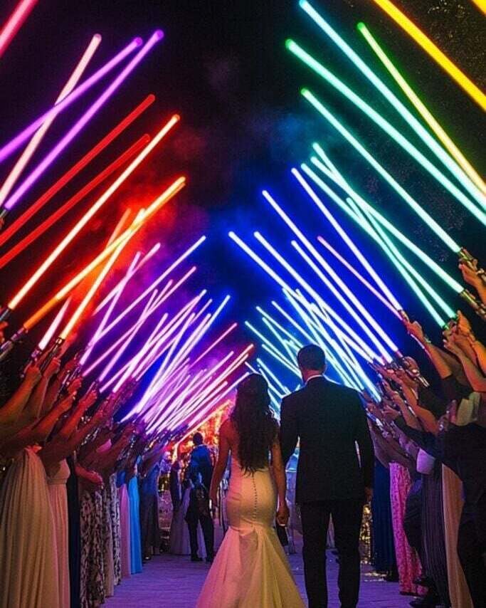 Bride and groom walking through a tunnel of colorful glowing lightsabers at night.
