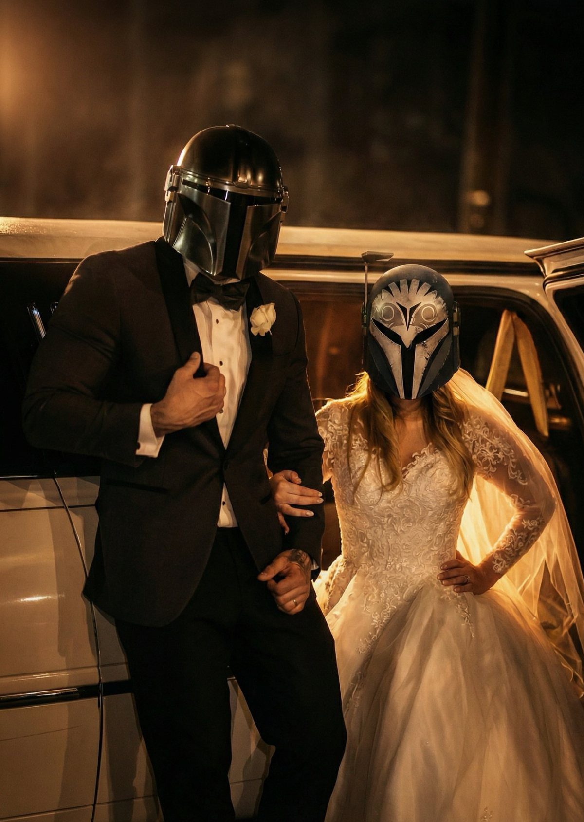Couple in wedding attire wearing Mandalorian helmets posing by a white car.