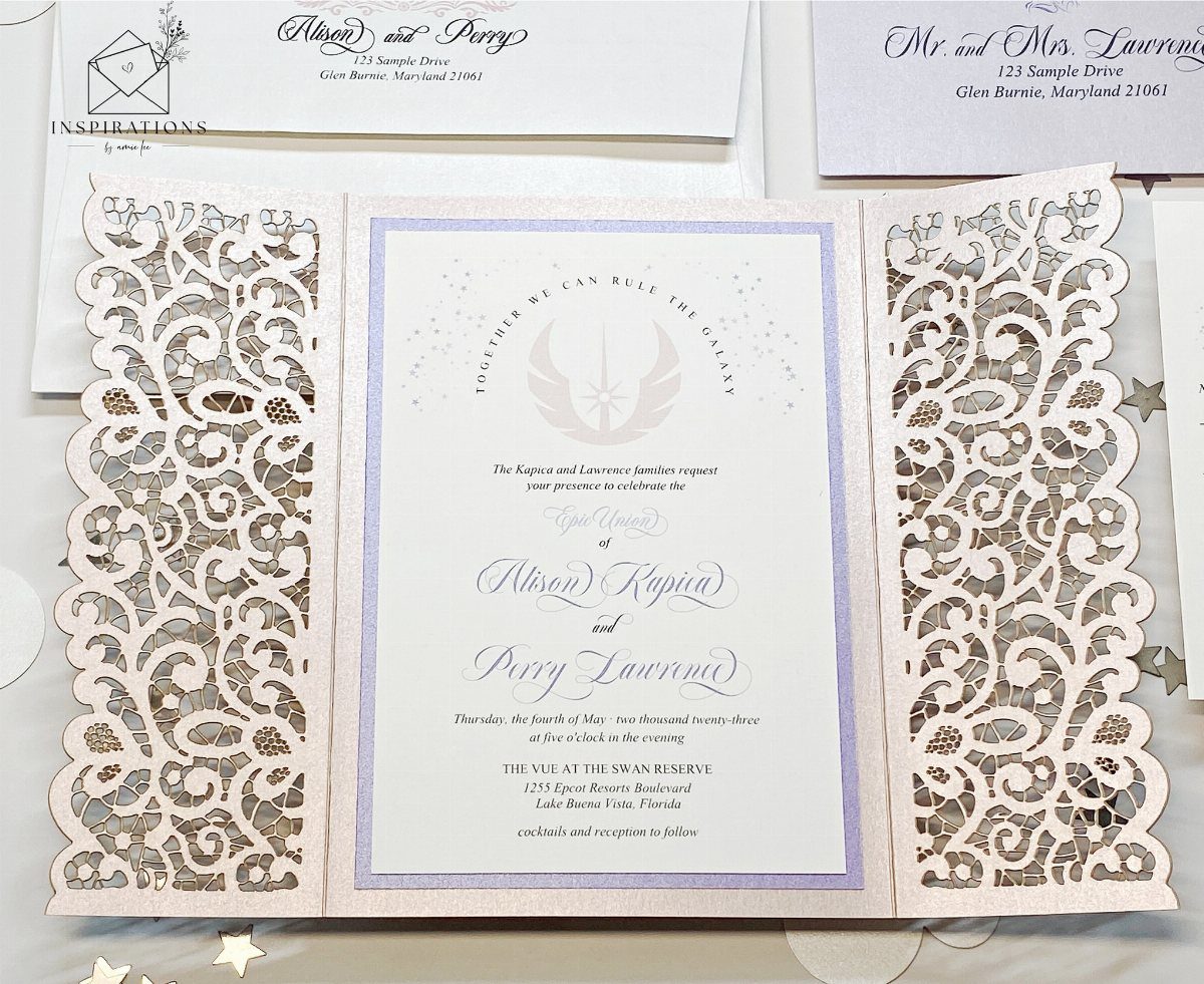 Star Wars themed wedding invitation with laser-cut lace and Rebel Alliance symbol.