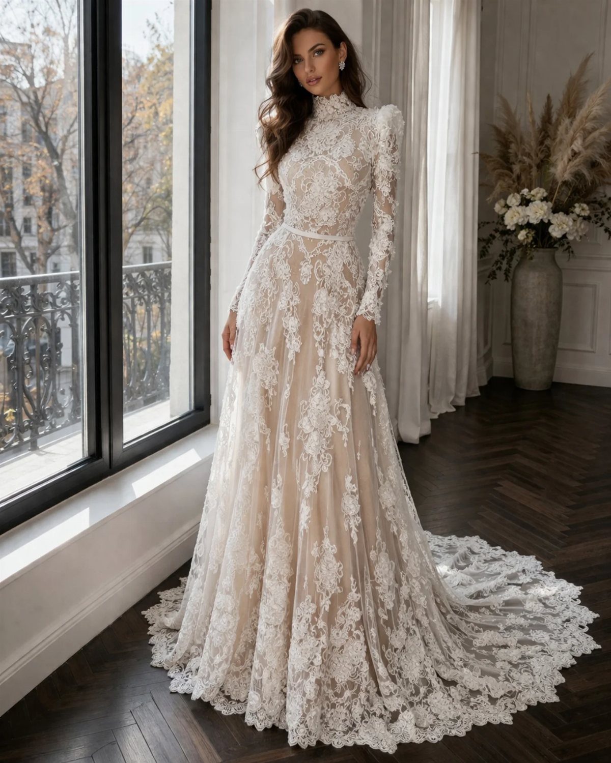 Vintage Elegant Wedding Dress Ideas in 12 Styles 7 Woman in a long sleeve vintage lace wedding gown with a high neckline.