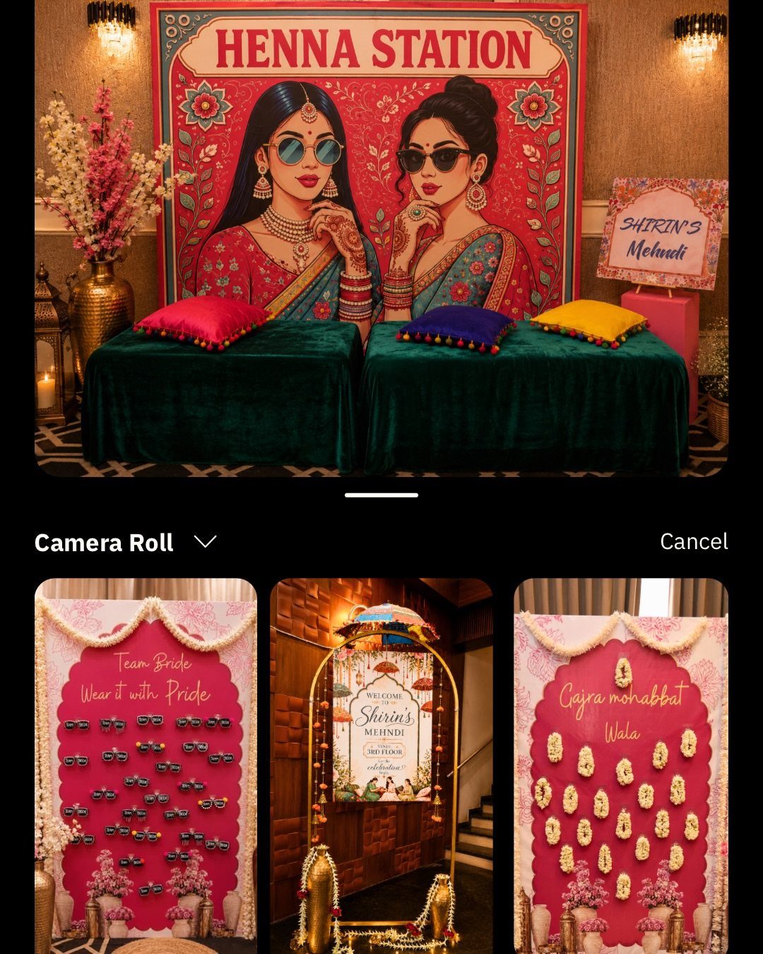 19 Wedding Activities for Guests: Reception Ideas Fun Enough to Fill the Whole Night 15 A decorated henna station with a large illustrated backdrop and velvet benches for guests.