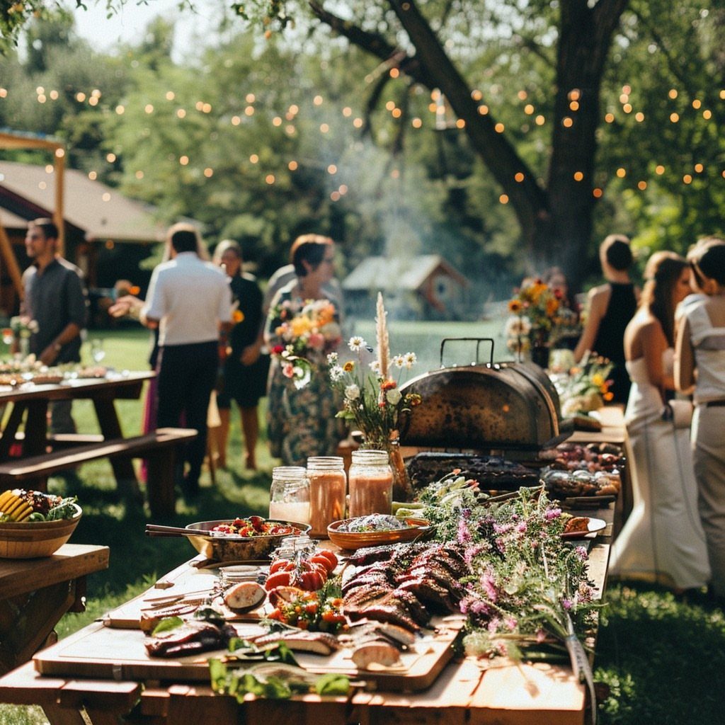 35 Backyard Wedding Reception Ideas for an Unforgettable Day 10 Grilled meats and vegetables on a wooden table at an outdoor wedding reception.