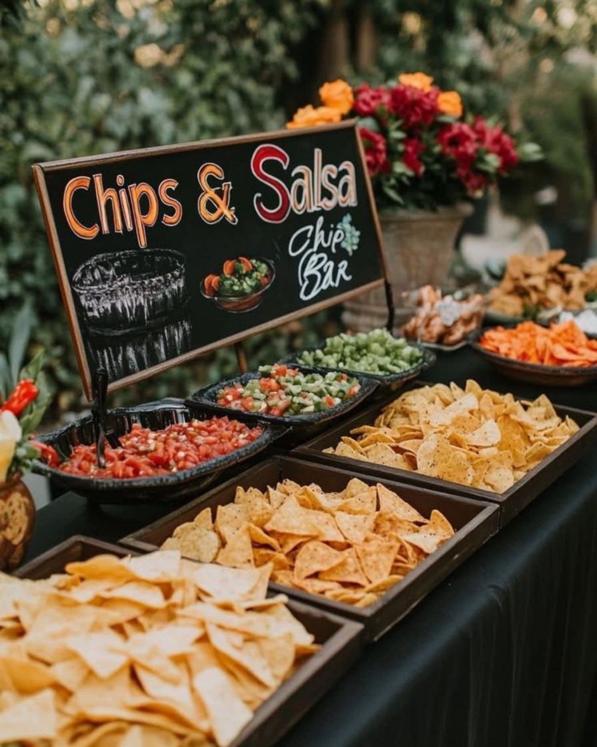 35 Backyard Wedding Reception Ideas for an Unforgettable Day 33 Chips and salsa bar with a chalkboard sign on a black tablecloth outdoors.