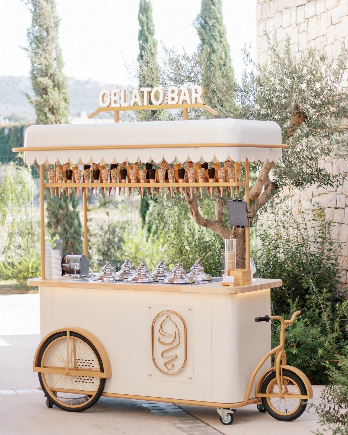 35 Backyard Wedding Reception Ideas for an Unforgettable Day 20 White gelato bicycle cart with cones and gelato containers in an outdoor setting.