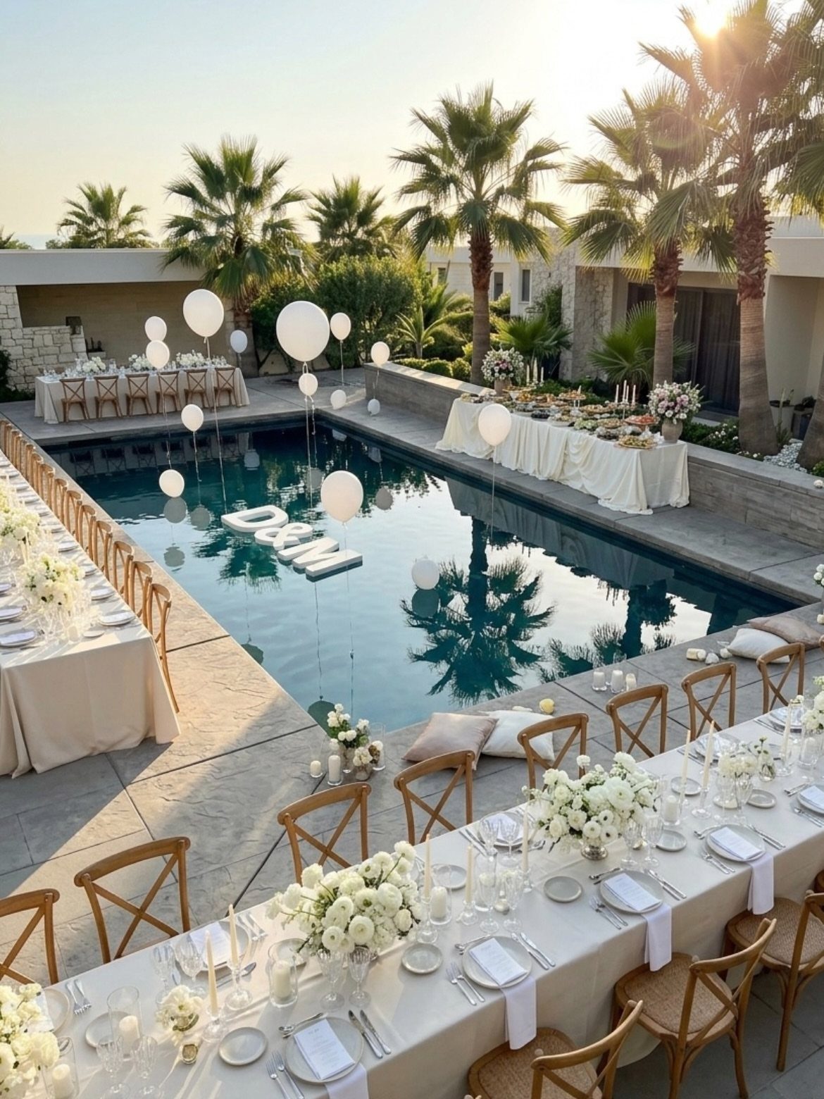 35 Backyard Wedding Reception Ideas for an Unforgettable Day 11 Wedding reception tables with white flowers and chairs surrounding a swimming pool with balloons.