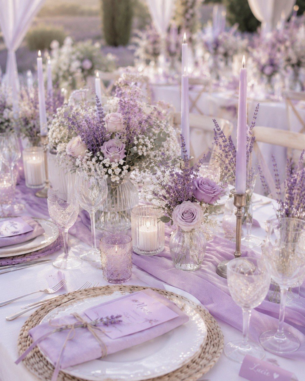 35 Backyard Wedding Reception Ideas for an Unforgettable Day 19 Wedding table setting with purple lavender flowers, purple candles, and elegant glassware outdoors.