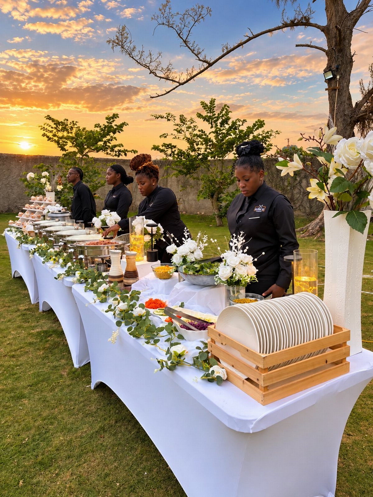 35 Backyard Wedding Reception Ideas for an Unforgettable Day 31 Catering staff serving a buffet on white tables in a grassy outdoor setting at sunset.