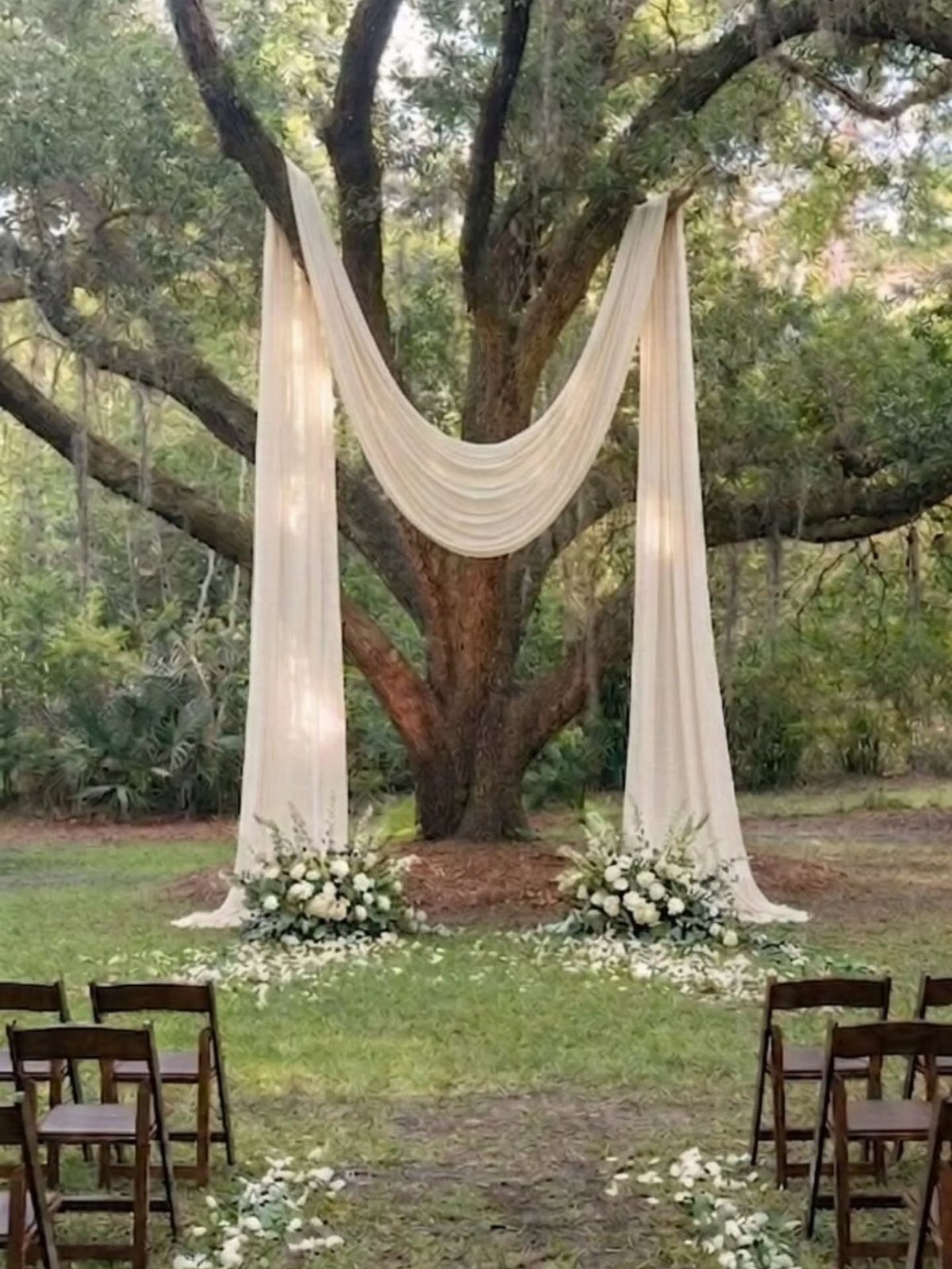 35 Backyard Wedding Reception Ideas for an Unforgettable Day 15 Large oak tree with cream linen drapery and white flowers for a wedding ceremony.