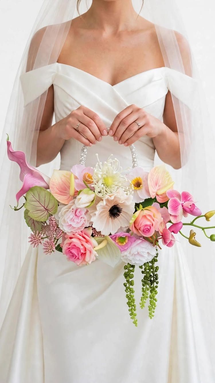 12 Wedding Bouquet Alternatives for Your Big Day 13 Bride in white dress holding a floral basket as a bouquet alternative