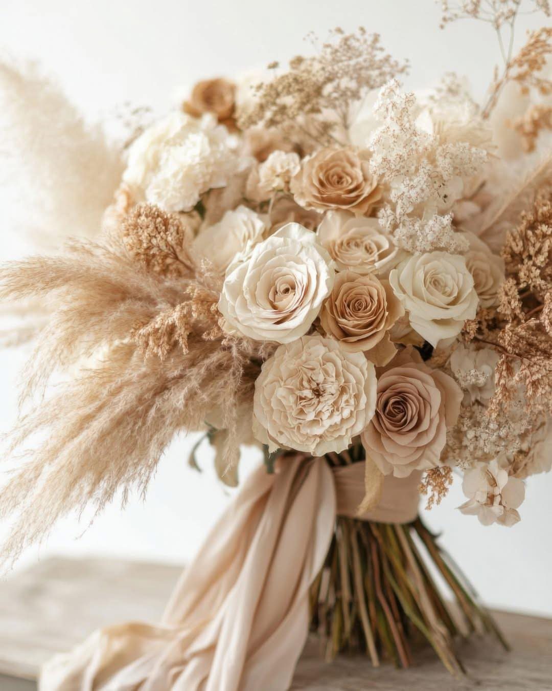 12 Wedding Bouquet Alternatives for Your Big Day 4 Bridal bouquet with cream roses and fluffy pampas grass tied with beige ribbon