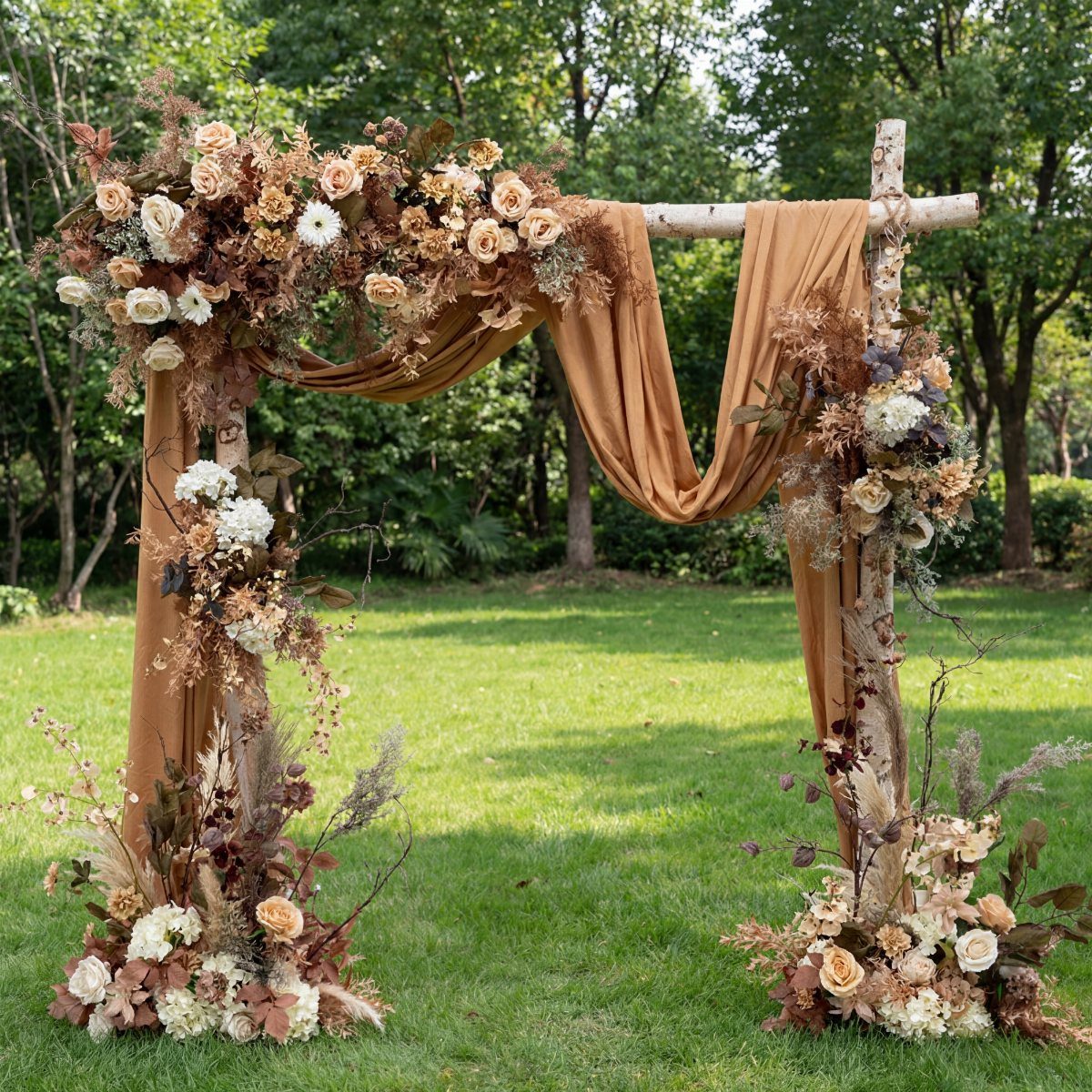 Wedding Decor Brown: How to Use It in 8 Elegant Ways 6 A wooden wedding arch draped with brown satin fabric and decorated with large floral arrangements in a garden.