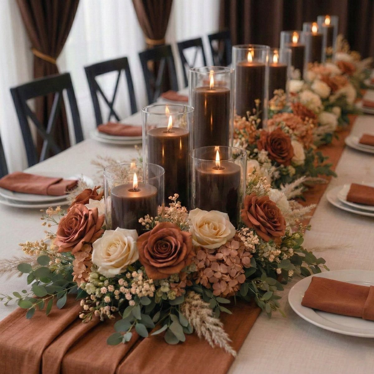 Wedding Decor Brown: How to Use It in 8 Elegant Ways 7 Dark brown pillar candles in glass cylinders arranged with roses and greenery on a wedding table.