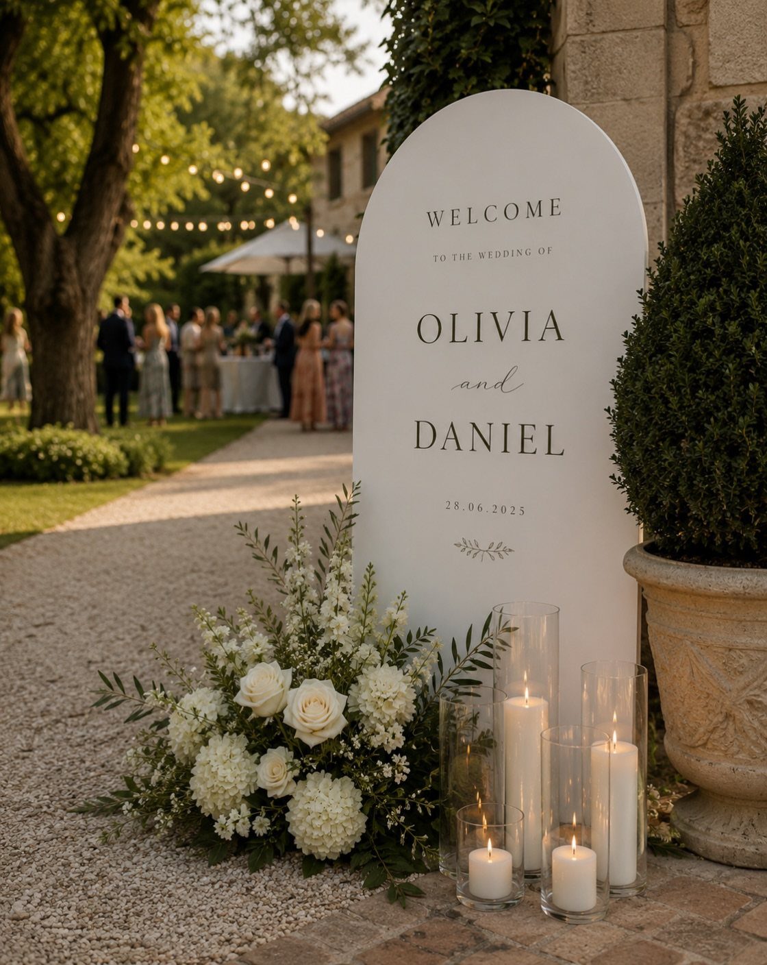 Wedding Decor Quotes: 7 Display Ideas From Letterboard to Acrylic 2 A white arched wedding welcome sign with black text surrounded by white flowers and candles.