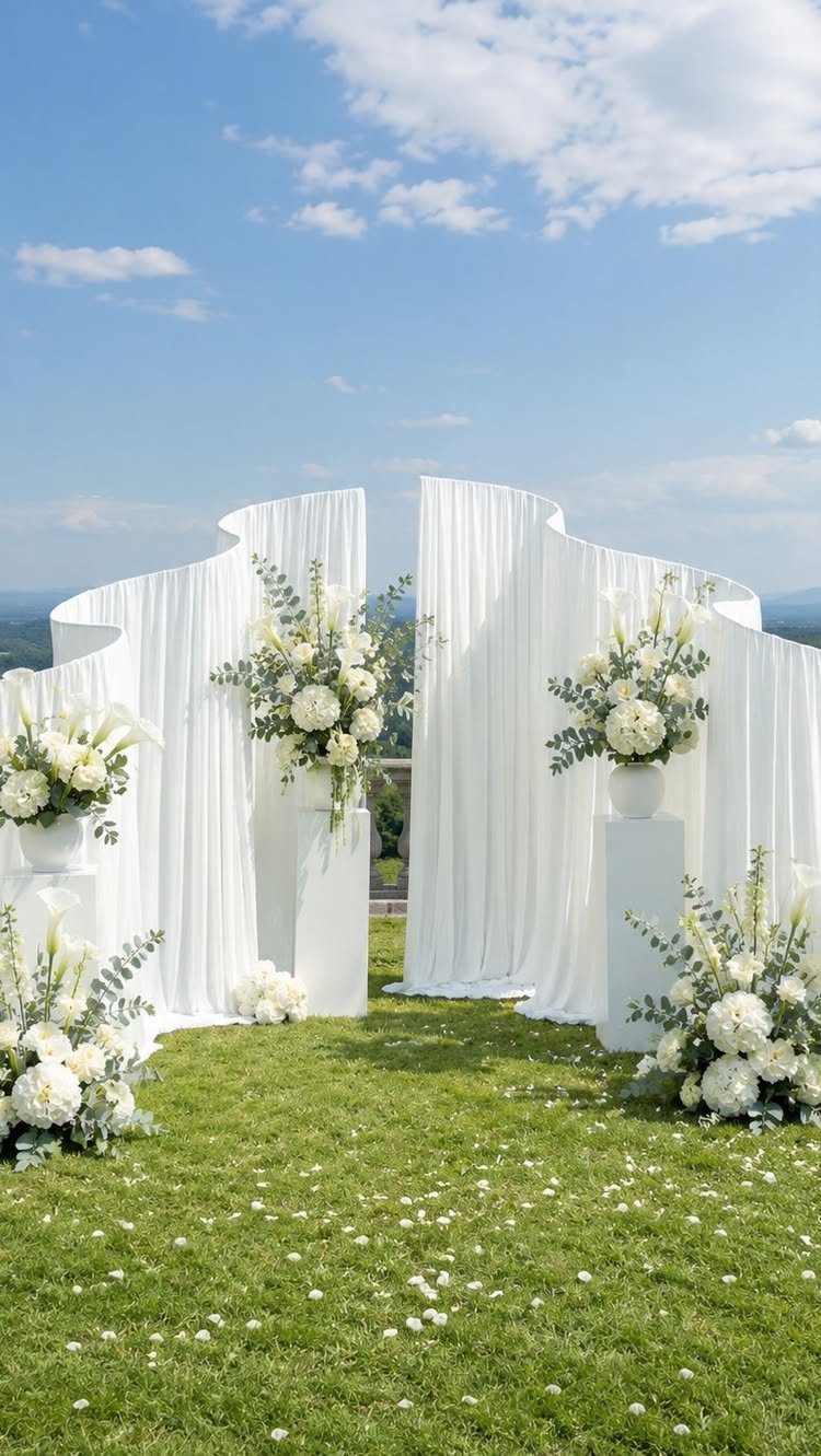 Wedding Decor with Western Style: 21 Ideas from Ranch to Aisle 22 White wavy fabric ceremony backdrop decorated with large white floral arrangements on a green lawn.
