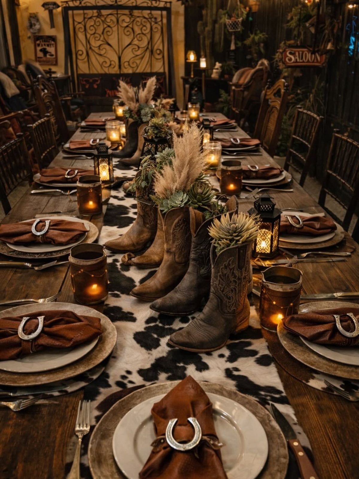Wedding Decor with Western Style: 21 Ideas from Ranch to Aisle 7 A long wooden table featuring a cowhide runner, cowboy boot vases, and horseshoe napkin rings.
