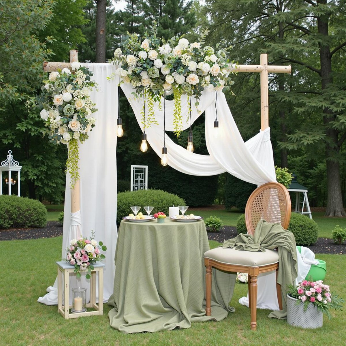 Wedding Decor with Western Style: 21 Ideas from Ranch to Aisle 21 Floral arrangements and white fabric draped over a wooden wedding arch with hanging light bulbs.